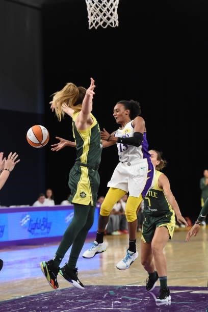 Brittney Sykes of the Los Angeles Sparks passes the ball against the Seattle Storm on July 4, 2021 at Los Angeles Convention Center in Los Angeles,...