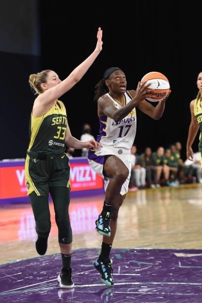 Erica Wheeler of the Los Angeles Sparks drives to the basket against the Seattle Storm on July 4, 2021 at Los Angeles Convention Center in Los...