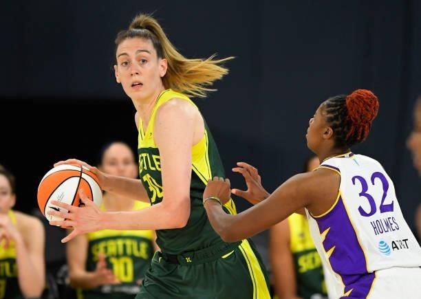 Breanna Stewart of the Seattle Storm tries to get around Bria Holmes of the Los Angeles Sparks at the Los Angeles Convention Center on July 4, 2021...