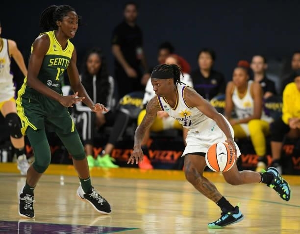 Ezi Magbegor of the Seattle Storm guards Erica Wheeler of the Los Angeles Sparks at the Los Angeles Convention Center on July 4, 2021 in Los Angeles,...
