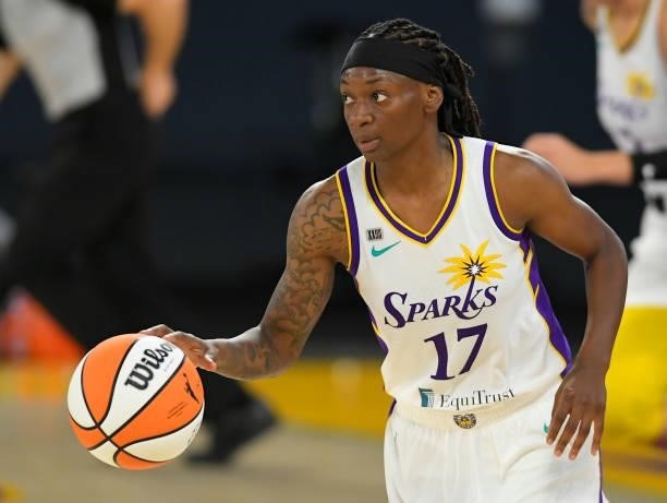 Erica Wheeler of the Los Angeles Sparks brings the ball up the floor against the Seattle Storm at the Los Angeles Convention Center on July 4, 2021...
