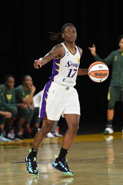 Erica Wheeler of the Los Angeles Sparks handles the ball against the Seattle Storm on July 4, 2021 at Los Angeles Convention Center in Los Angeles,...