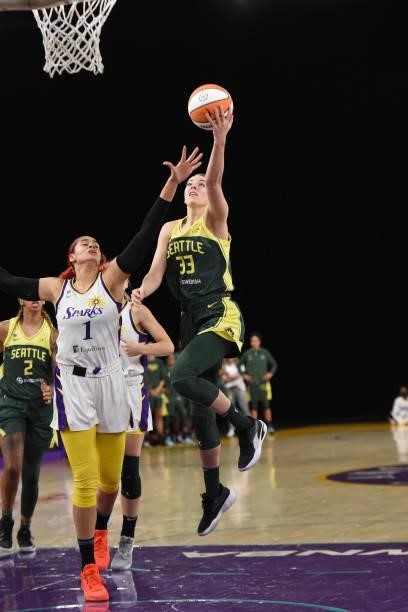 Katie Lou Samuelson of the Seattle Storm shoots the ball against the Los Angeles Sparks on July 4, 2021 at Los Angeles Convention Center in Los...