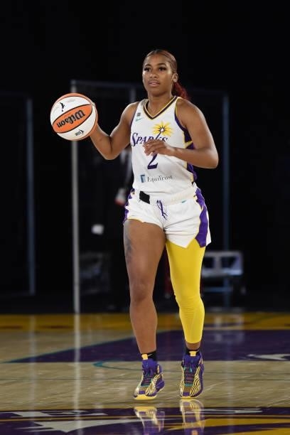 Te'a Cooper of the Los Angeles Sparks handles the ball against the Seattle Storm on July 4, 2021 at Los Angeles Convention Center in Los Angeles,...