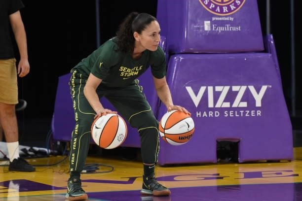 Sue Bird of the Seattle Storm warms up before the game against the Los Angeles Sparks on July 4, 2021 at Los Angeles Convention Center in Los...
