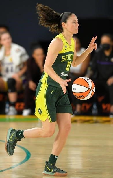 Sue Bird of the Seattle Storm brings the ball up the floor against the Los Angeles Sparks at the Los Angeles Convention Center on July 4, 2021 in Los...