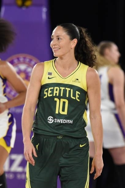 Sue Bird of the Seattle Storm smiles during the game against the Los Angeles Sparks on July 4, 2021 at Los Angeles Convention Center in Los Angeles,...