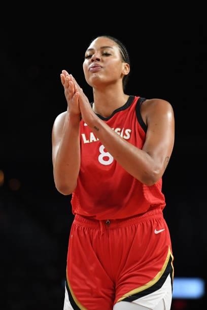 Liz Cambage of the Las Vegas Aces claps during the game against the Atlanta Dream on July 4, 2021 at Michelob ULTRA Arena in Las Vegas, Nevada. NOTE...
