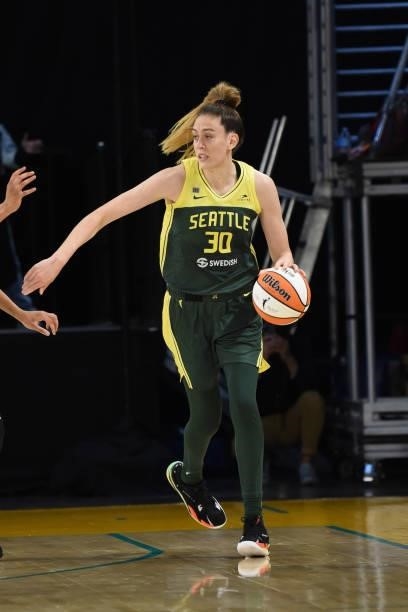 Breanna Stewart of the Seattle Storm handles the ball against the Los Angeles Sparks on July 4, 2021 at Los Angeles Convention Center in Los Angeles,...