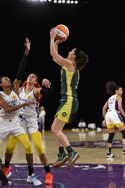 Sue Bird of the Seattle Storm shoots the ball against the Los Angeles Sparks on July 4, 2021 at Los Angeles Convention Center in Los Angeles,...