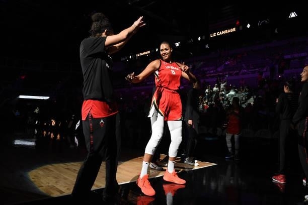 Liz Cambage of the Las Vegas Aces gets pumped before the game against the Atlanta Dream on July 4, 2021 at Michelob ULTRA Arena in Las Vegas, Nevada....