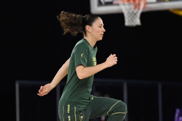Sue Bird of the Seattle Storm warms up before the game against the Los Angeles Sparks on July 4, 2021 at Los Angeles Convention Center in Los...