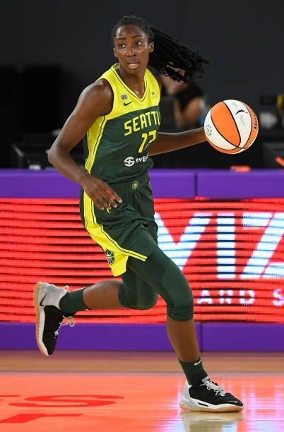 Ezi Magbegor of the Seattle Storm seen playing the Los Angeles Sparksat the Los Angeles Convention Center on July 4, 2021 in Los Angeles, California....