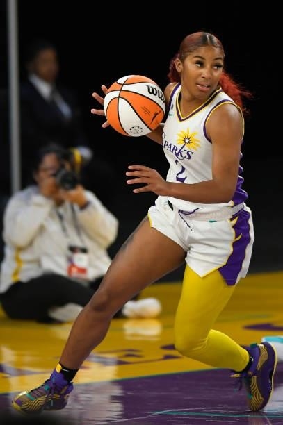 Tea Cooper of the Los Angeles Sparks dribbles toward the Seattle Storm at the Los Angeles Convention Center on July 4, 2021 in Los Angeles,...