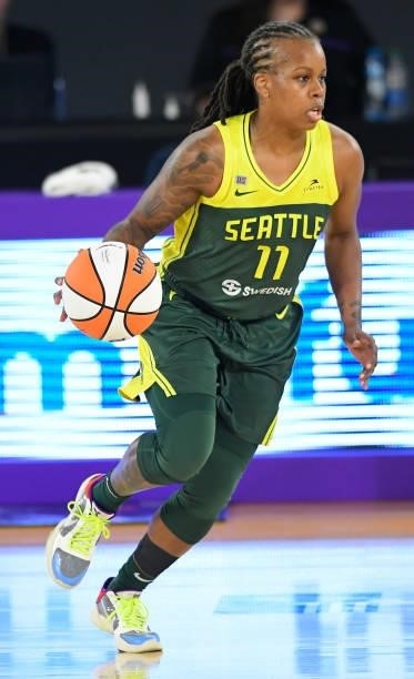 Epiphanny Prince of the Seattle Storm drives toward the Los Angeles Sparks at the Los Angeles Convention Center on July 4, 2021 in Los Angeles,...