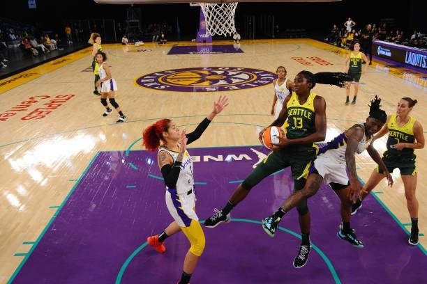 Ezi Magbegor of the Seattle Storm grabs the rebound against the Los Angeles Sparks on July 4, 2021 at Los Angeles Convention Center in Los Angeles,...