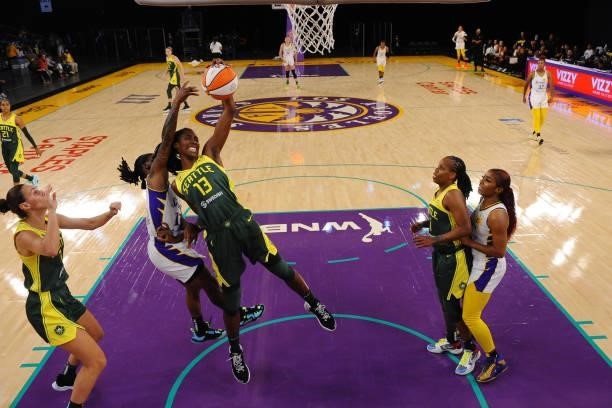 Ezi Magbegor of the Seattle Storm grabs the rebound against the Los Angeles Sparks on July 4, 2021 at Los Angeles Convention Center in Los Angeles,...