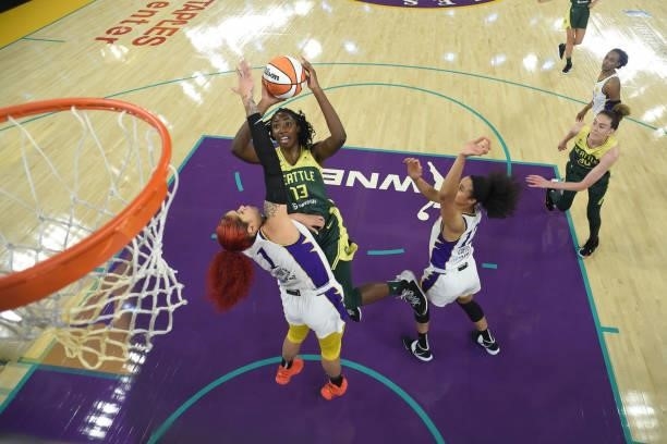 Ezi Magbegor of the Seattle Storm shoots the ball against the Los Angeles Sparks on July 4, 2021 at Los Angeles Convention Center in Los Angeles,...
