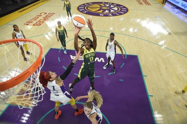 Ezi Magbegor of the Seattle Storm shoots the ball against the Los Angeles Sparks on July 4, 2021 at Los Angeles Convention Center in Los Angeles,...