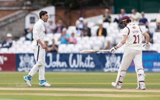 Duanne Olivier of Yorkshire celebrates after taking the wicket of Rob Keogh of Northamptonshire during day two of the LV= Insurance County...