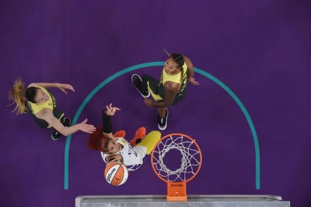 Amanda Zahui B of the Los Angeles Sparks shoots the ball against the Seattle Storm on July 4, 2021 at Los Angeles Convention Center in Los Angeles,...