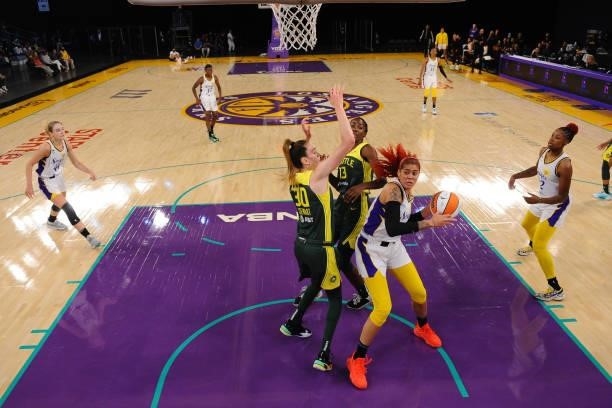 Amanda Zahui B of the Los Angeles Sparks drives to the basket against the Seattle Storm on July 4, 2021 at Los Angeles Convention Center in Los...