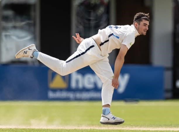 Jordan Thompson of Yorkshire in delivery stride during day two of the LV= Insurance County Championship match between Northamptonshire and Yorkshire...