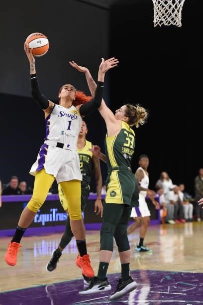 Amanda Zahui B of the Los Angeles Sparks shoots the ball against the Seattle Storm on July 4, 2021 at Los Angeles Convention Center in Los Angeles,...