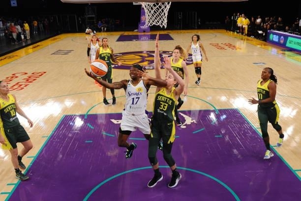Erica Wheeler of the Los Angeles Sparks shoots the ball against the Seattle Storm on July 4, 2021 at Los Angeles Convention Center in Los Angeles,...