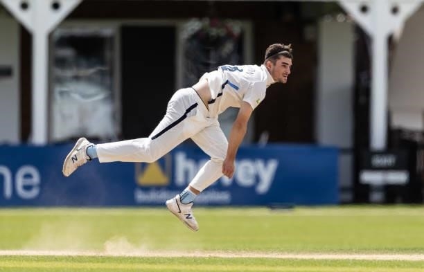 Jordan Thompson of Yorkshire in delivery stride during day two of the LV= Insurance County Championship match between Northamptonshire and Yorkshire...
