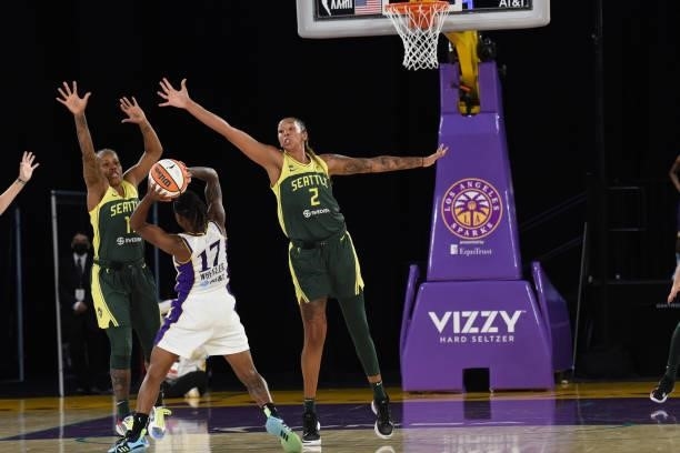 Mercedes Russell of the Seattle Storm plays defense against the Los Angeles Sparks on July 4, 2021 at Los Angeles Convention Center in Los Angeles,...