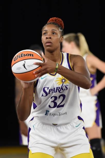 Bria Holmes of the Los Angeles Sparks shoots the ball against the Seattle Storm on July 4, 2021 at Los Angeles Convention Center in Los Angeles,...