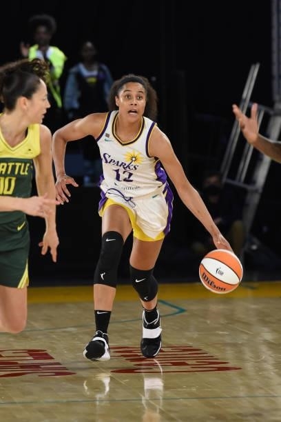 Nia Coffey of the Los Angeles Sparks looks to pass the ball against the Seattle Storm on July 4, 2021 at Los Angeles Convention Center in Los...