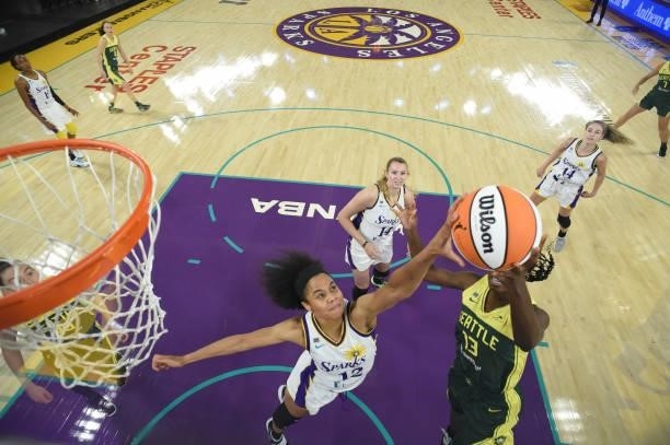 Nia Coffey of the Los Angeles Sparks blocks the ball against the Seattle Storm on July 4, 2021 at Los Angeles Convention Center in Los Angeles,...