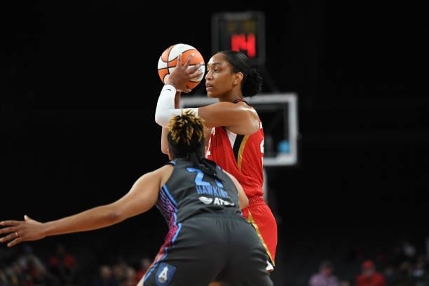 Ja Wilson of the Las Vegas Aces looks to pass the ball against the Atlanta Dream on July 4, 2021 at Michelob ULTRA Arena in Las Vegas, Nevada. NOTE...