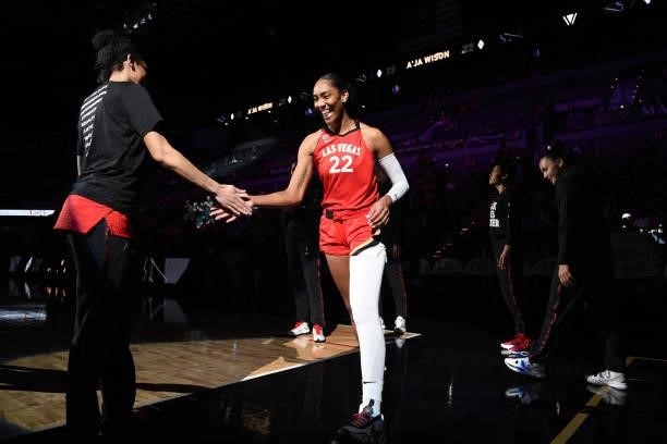 Ja Wilson of the Las Vegas Aces is introduced before the game against the Atlanta Dream on July 4, 2021 at Michelob ULTRA Arena in Las Vegas, Nevada....