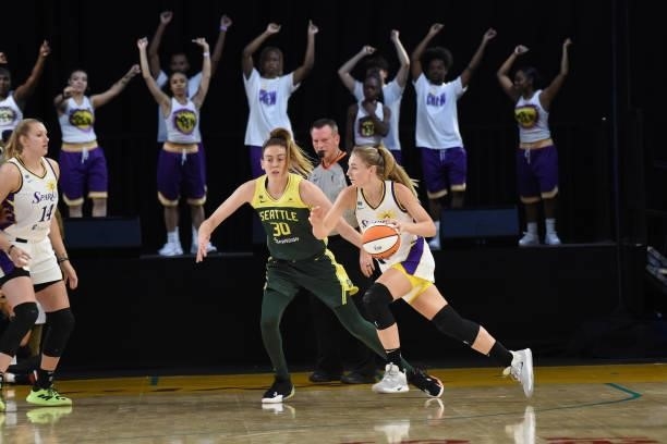 Karlie Samuelson of the Los Angeles Sparks drives to the basket against the Seattle Storm on July 4, 2021 at Los Angeles Convention Center in Los...