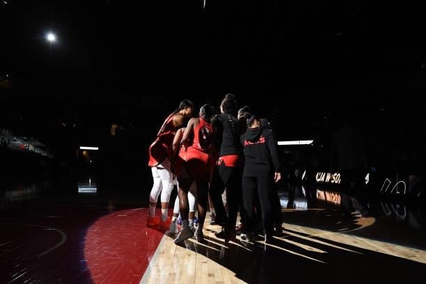 The Las Vegas Aces huddle up before the game against the Atlanta Dream on July 4, 2021 at Michelob ULTRA Arena in Las Vegas, Nevada. NOTE TO USER:...