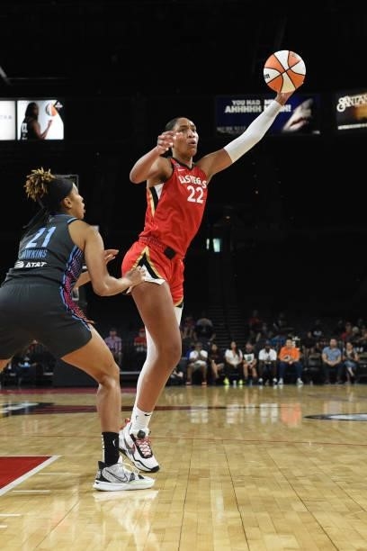 Ja Wilson of the Las Vegas Aces grabs the ball against the Atlanta Dream on July 4, 2021 at Michelob ULTRA Arena in Las Vegas, Nevada. NOTE TO USER:...