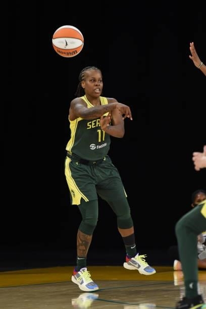 Epiphanny Prince of the Seattle Storm passes the ball against the Los Angeles Sparks on July 4, 2021 at Los Angeles Convention Center in Los Angeles,...