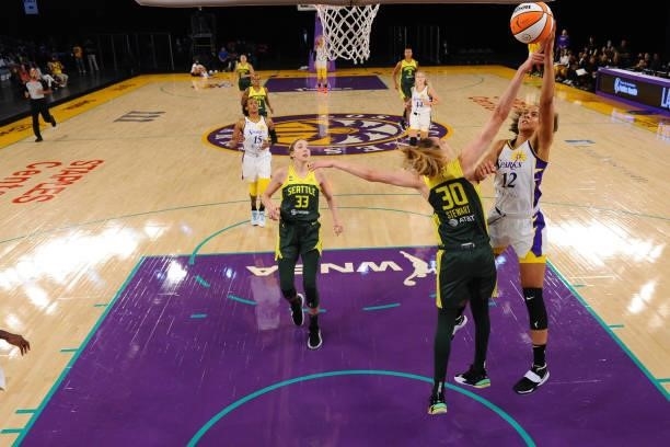 Nia Coffey of the Los Angeles Sparks shoots the ball against the Seattle Storm on July 4, 2021 at Los Angeles Convention Center in Los Angeles,...