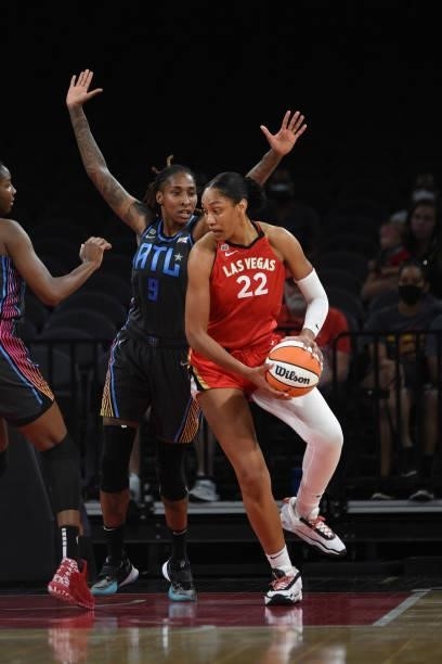 Ja Wilson of the Las Vegas Aces handles the ball against the Atlanta Dream on July 4, 2021 at Michelob ULTRA Arena in Las Vegas, Nevada. NOTE TO...