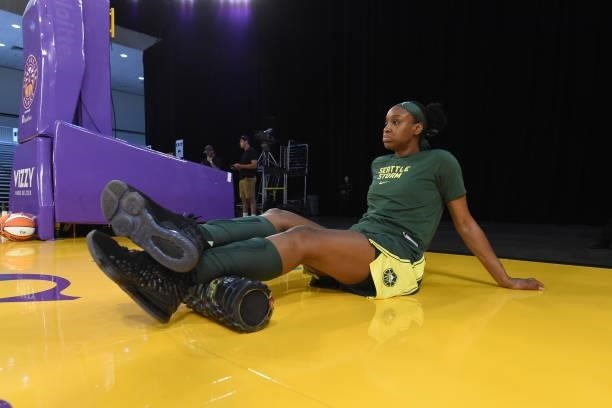 Kennedy Burke of the Seattle Storm looks on before the game against the Los Angeles Sparks on July 4, 2021 at Los Angeles Convention Center in Los...