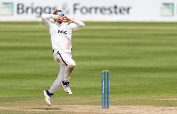 Dominic Bess of Yorkshire in delivery stride during day two of the LV= Insurance County Championship match between Northamptonshire and Yorkshire at...