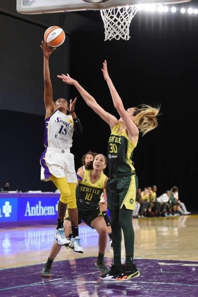 Brittney Sykes of the Los Angeles Sparks shoots the ball against the Seattle Storm on July 4, 2021 at Los Angeles Convention Center in Los Angeles,...