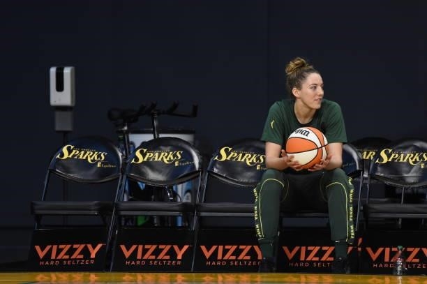 Katie Lou Samuelson of the Seattle Storm looks on before the game against the Los Angeles Sparks on July 4, 2021 at Los Angeles Convention Center in...