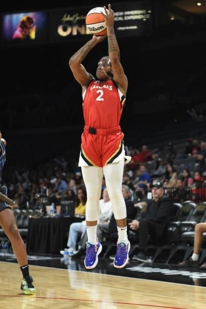 Riquna Williams of the Las Vegas Aces shoots a 3-pointer against the Atlanta Dream on July 4, 2021 at Michelob ULTRA Arena in Las Vegas, Nevada. NOTE...