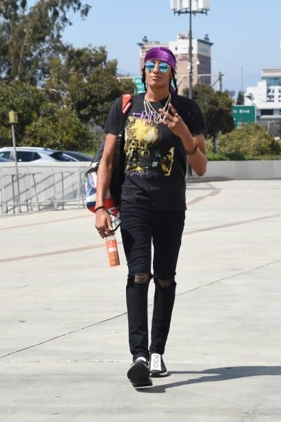 Brittney Sykes of the Los Angeles Sparks arrives to the game against the Seattle Storm on July 4, 2021 at Los Angeles Convention Center in Los...