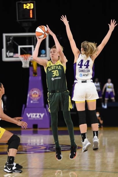 Breanna Stewart of the Seattle Storm shoots a 3-pointer against the Los Angeles Sparks on July 4, 2021 at Los Angeles Convention Center in Los...