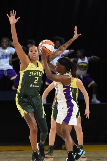 Erica Wheeler of the Los Angeles Sparks passes the ball against the Seattle Storm on July 4, 2021 at Los Angeles Convention Center in Los Angeles,...